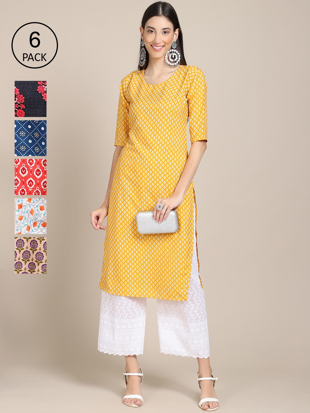 

7Threads Women Multicoloured Pack of 6 Digital Printed Straight Kurta Crepe Kurta, Multi