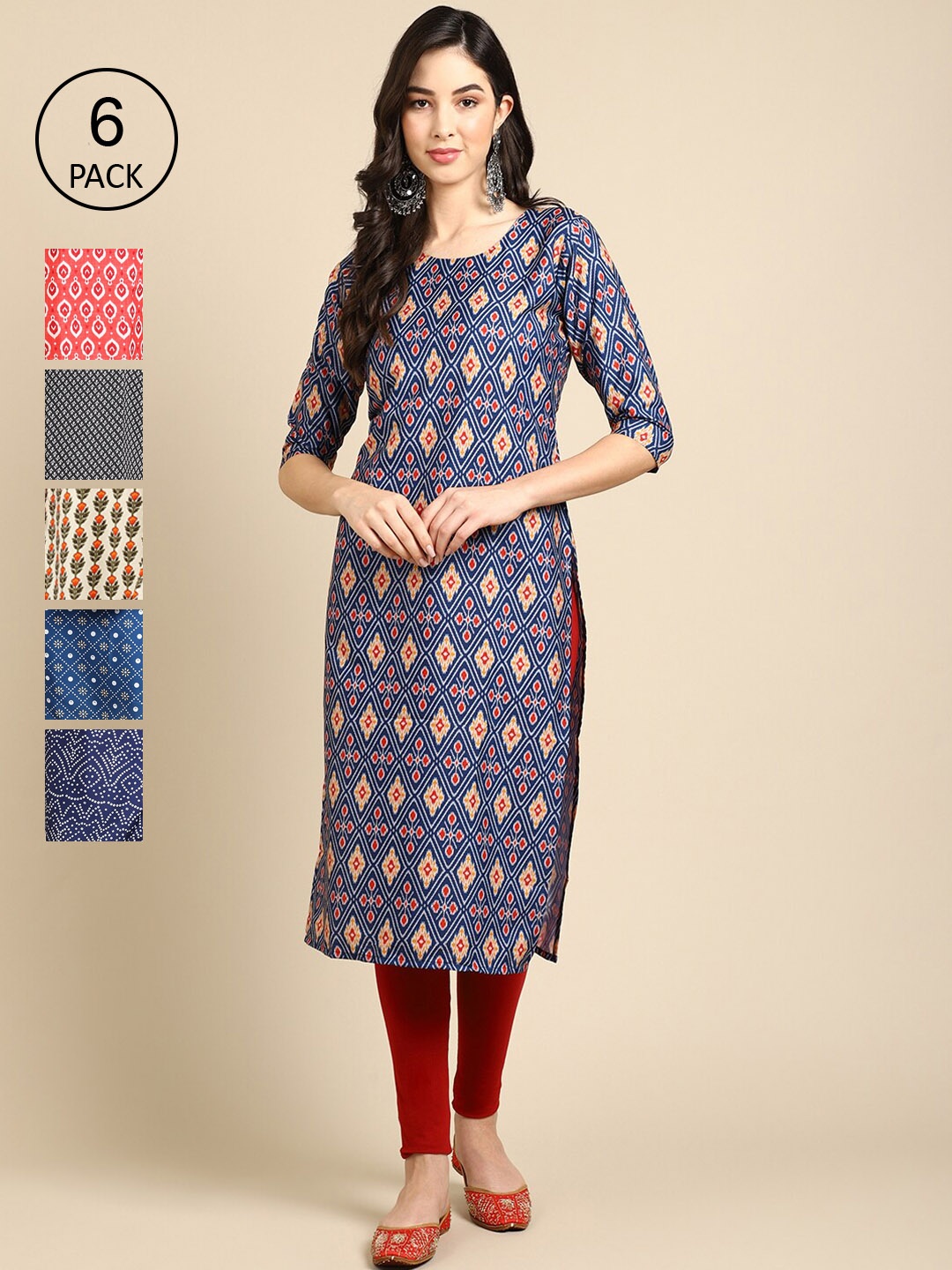 

7Threads Women Peach-Coloured & Blue Ethnic Motifs Printed Crepe Kurta