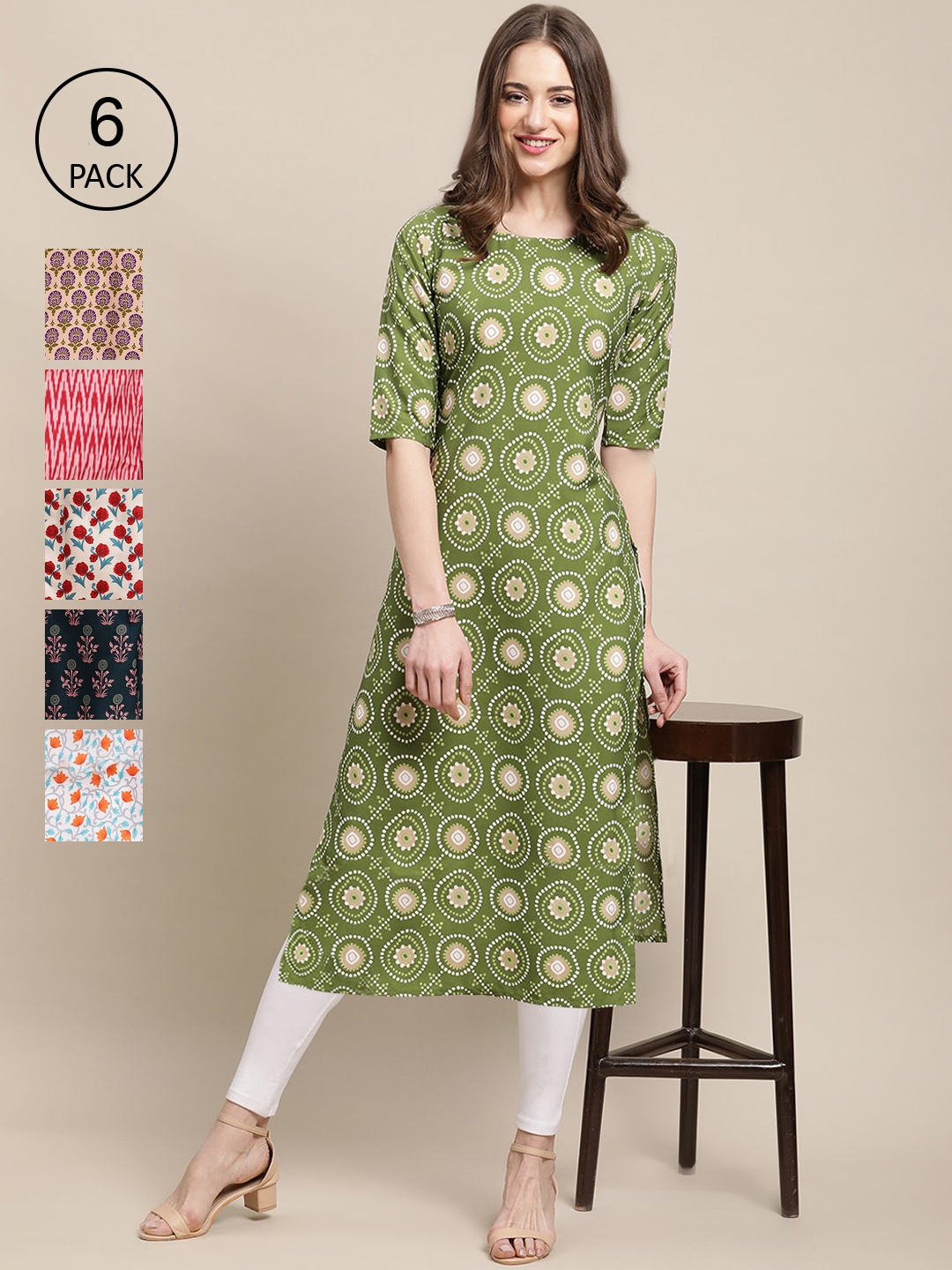 

7Threads PACK OF 6 Women Ethnic Motifs Printed Crepe Kurta, Green
