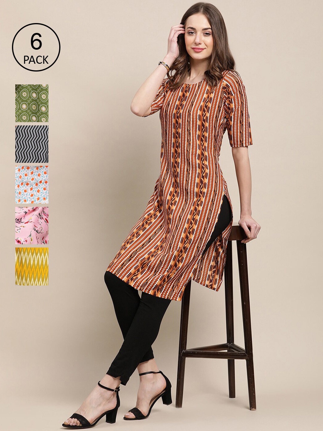 

7Threads Women Pack of 6 Printed Crepe Kurta, Maroon
