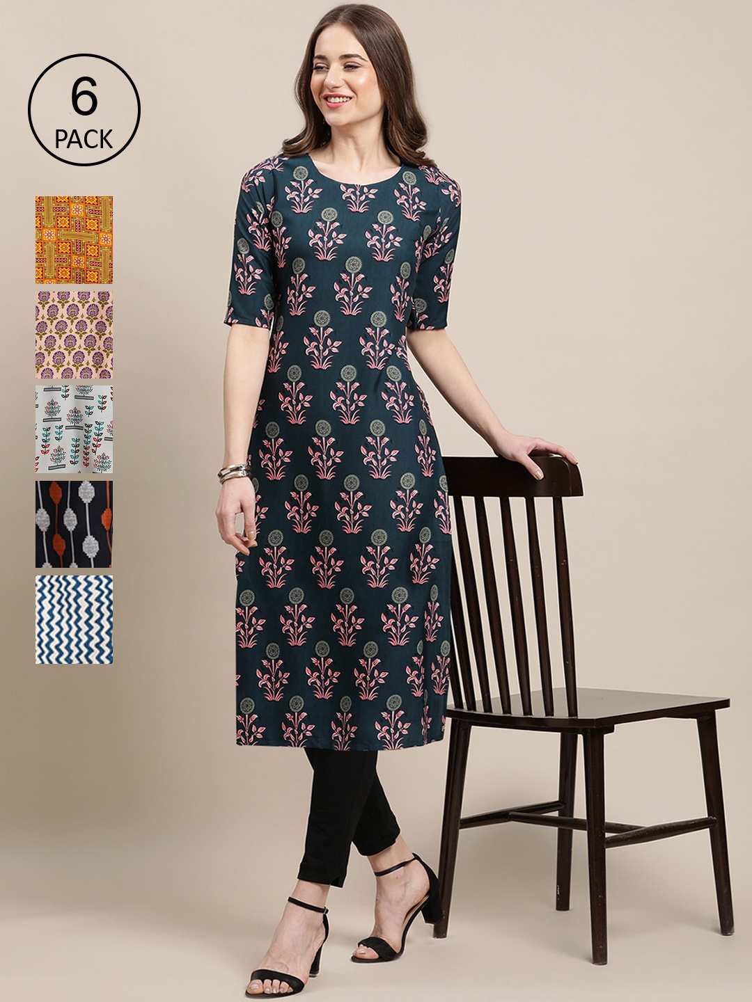 

7Threads Women Pack of 6 Floral Printed Crepe Kurta, Teal