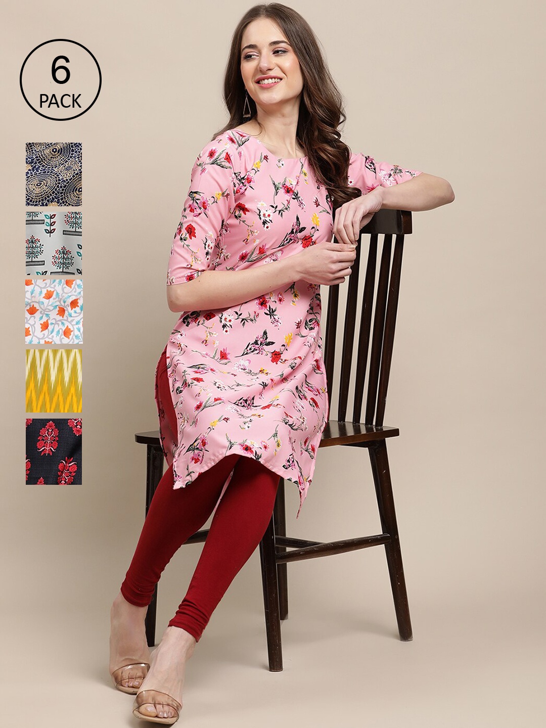 

7Threads Women Black And Red Floral Printed Crepe Kurta [PACK OF 6]