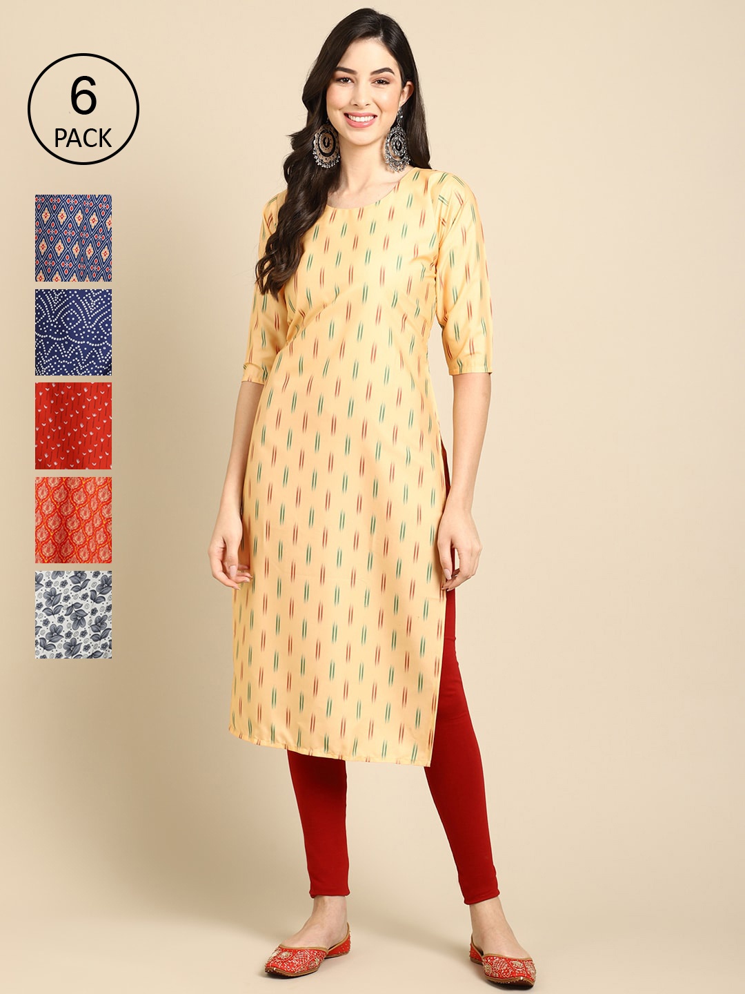

7Threads Pack of 6 Women Orange & Yellow Printed Crepe Kurta