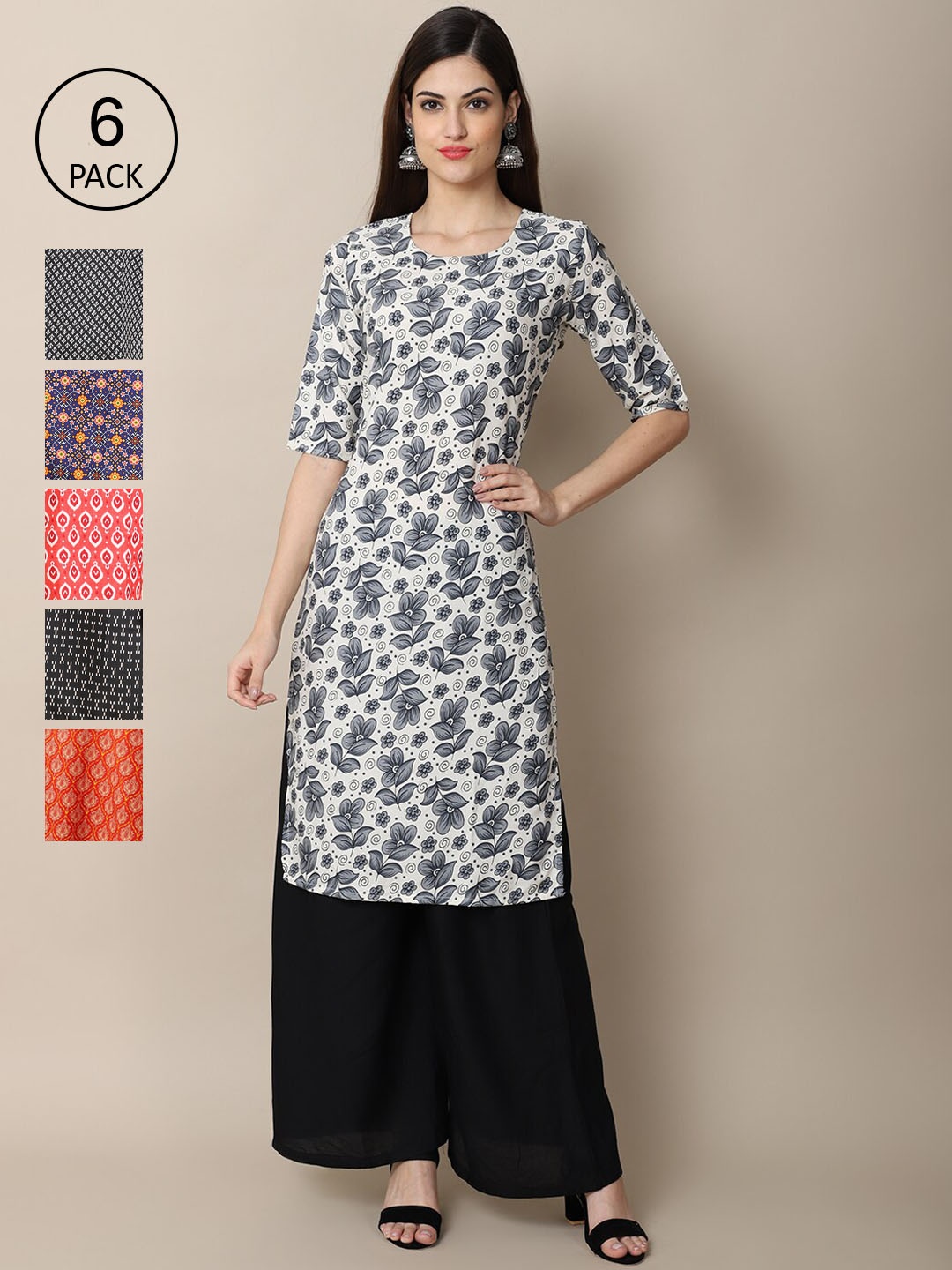 

7Threads Women Grey & Navy Blue Pack of 6 Floral Printed Crepe Kurtas