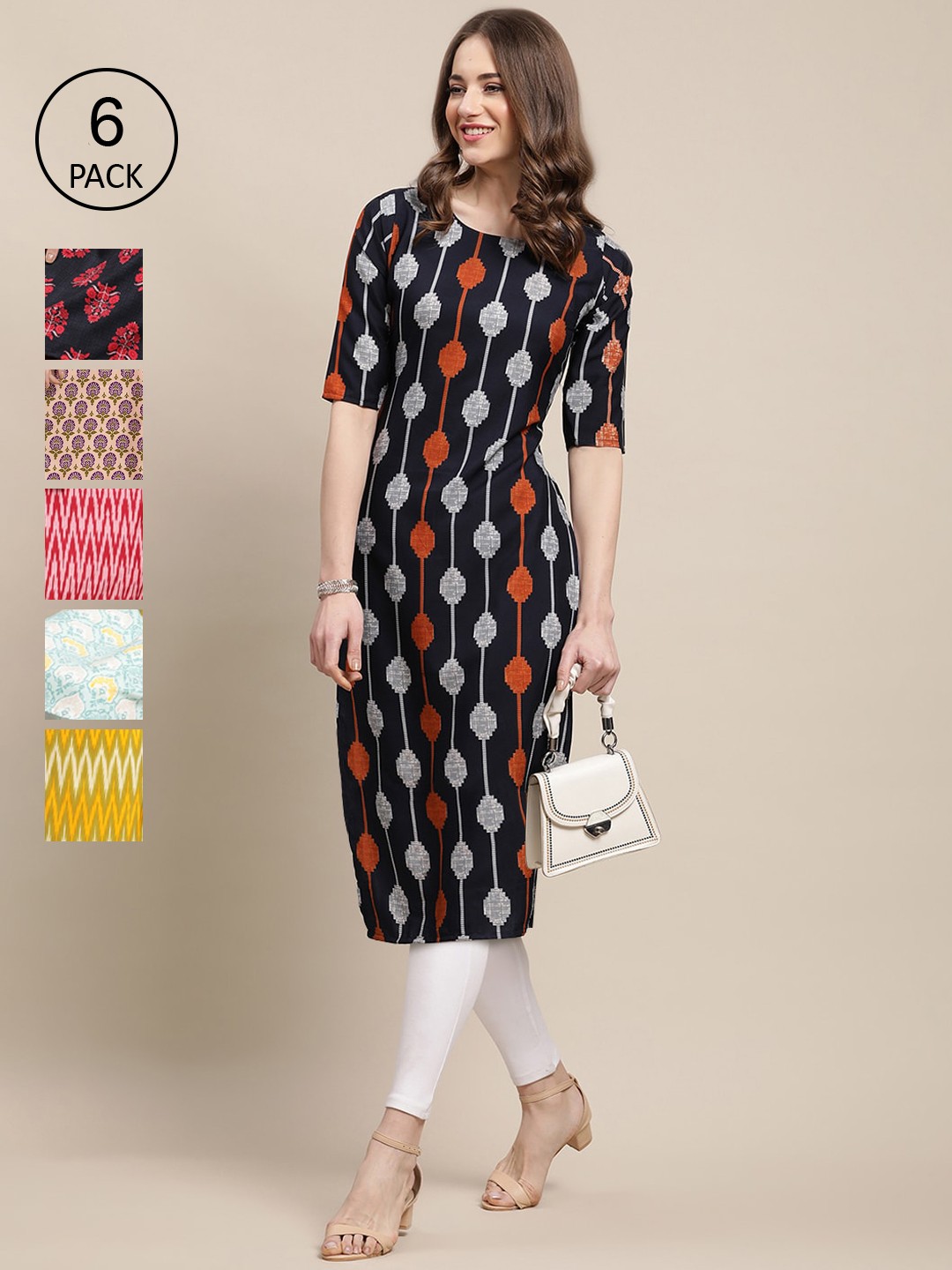 

7Threads Women Pack of 6 Printed Crepe Kurta, Yellow