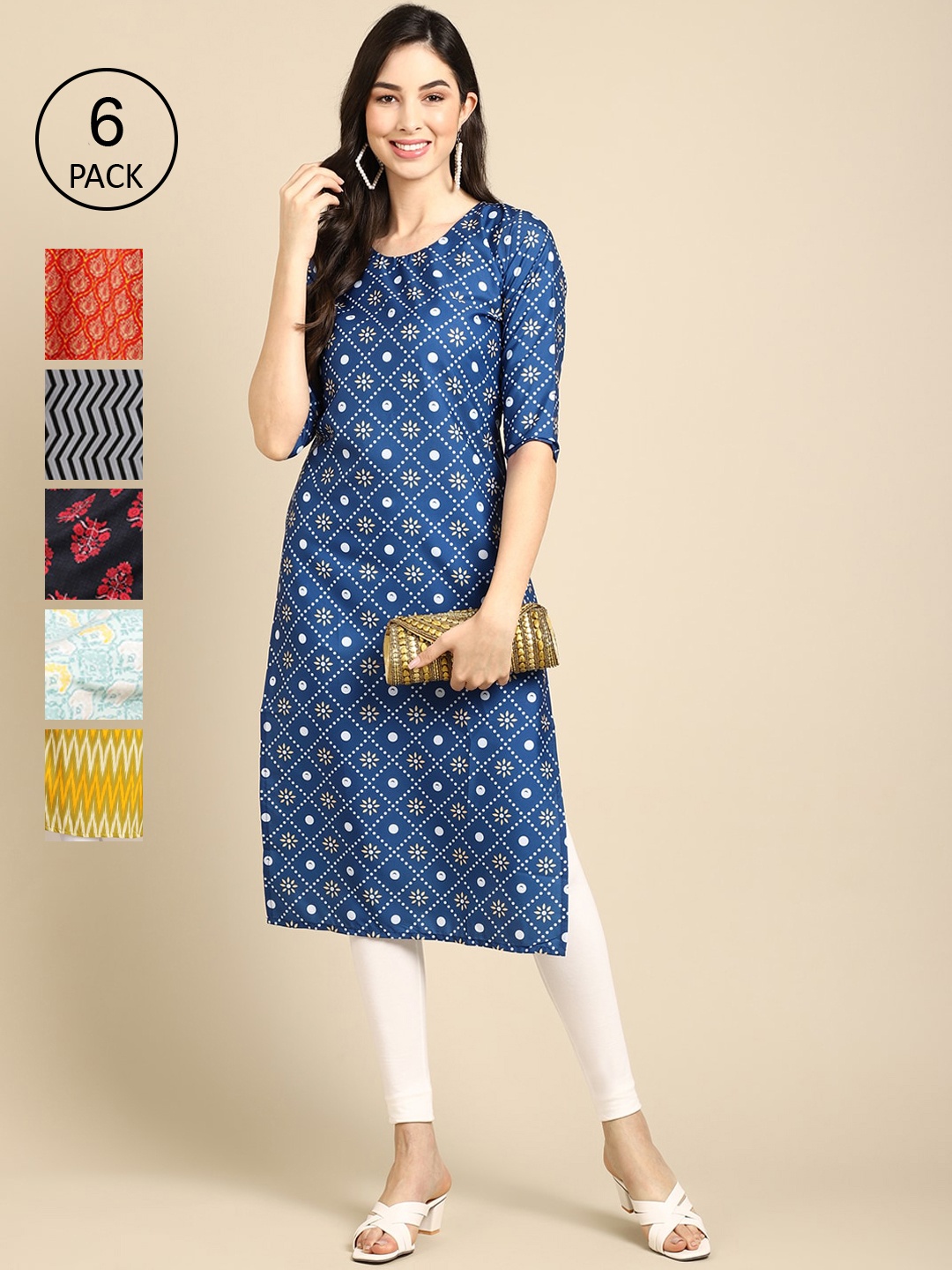 

7Threads Women Pack of 6 Ethnic Motifs Printed Crepe Kurta, Blue