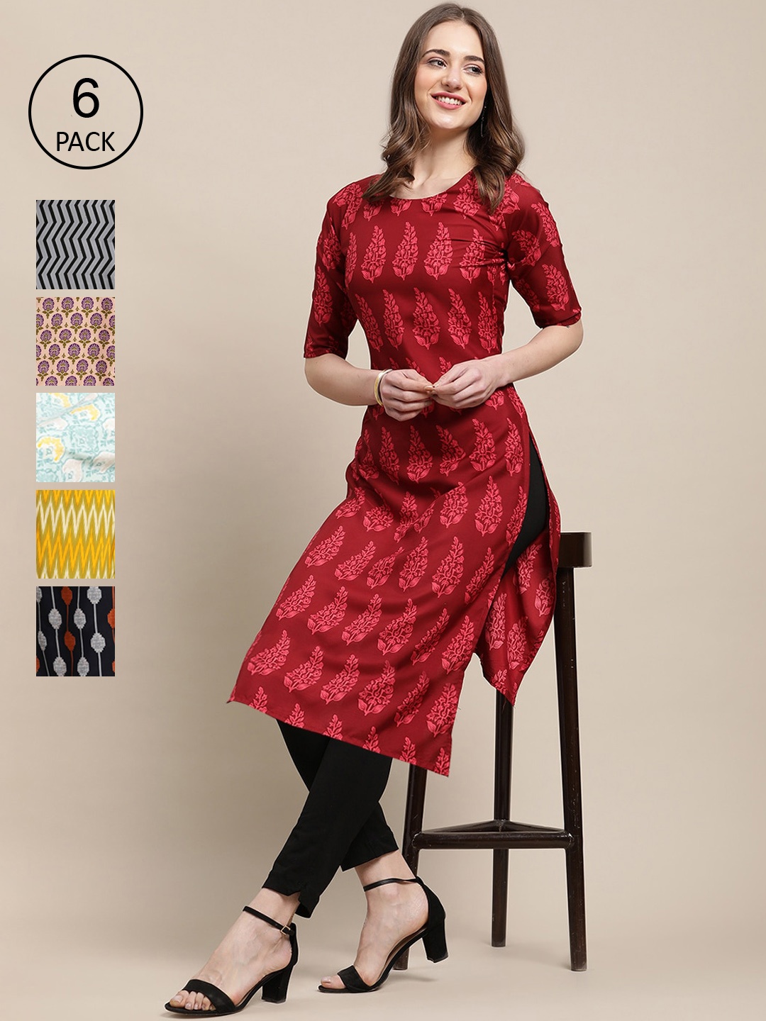 

7Threads Women Multicoloured Pack of 6 Digital Printed Straight Kurta, Multi