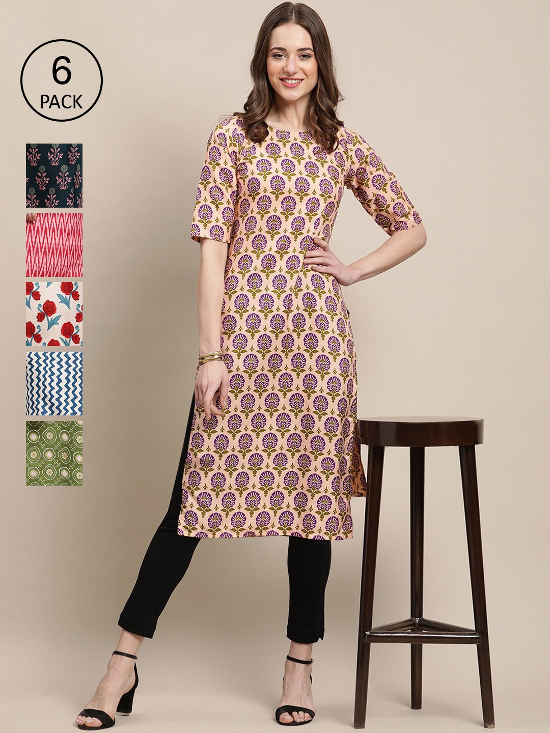 

7Threads Women Multicoloured Pack of 6 Digital Printed Straight Kurta, Multi