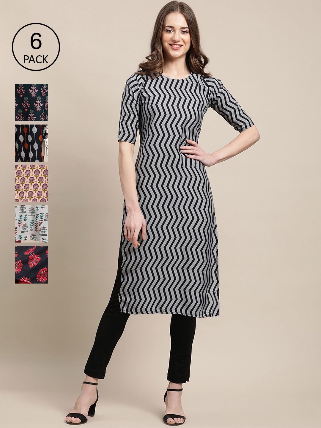 

7Threads Women Multicoloured Geometric Striped Crepe Kurta, Multi