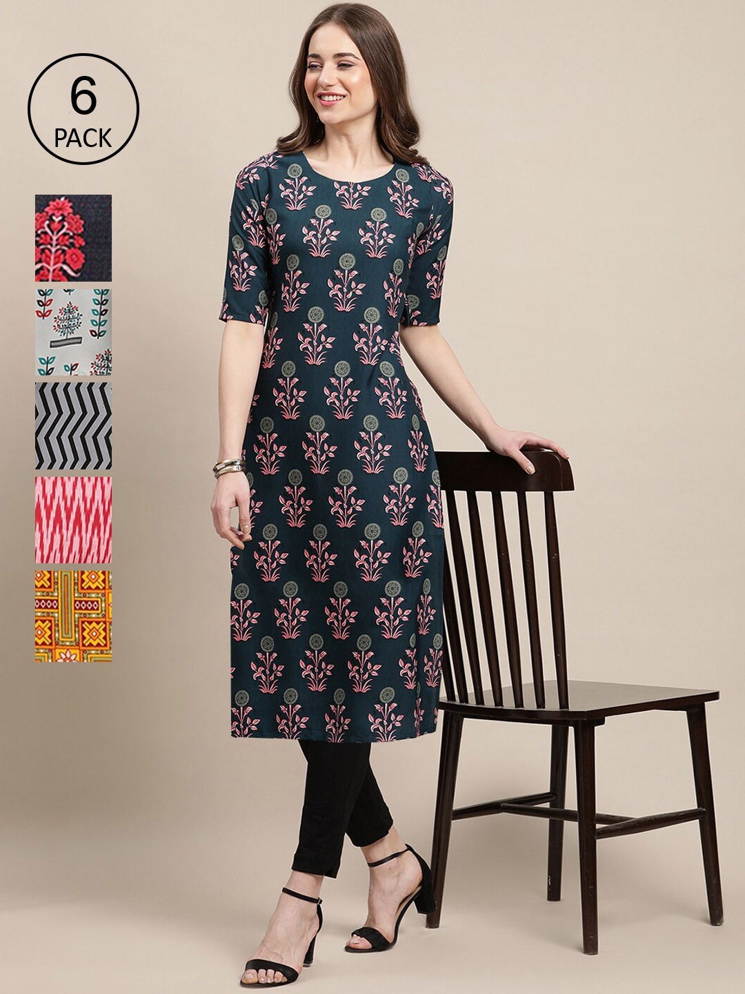 

7Threads Women Multicoloured Pack of 6 Digital Printed Straight Kurta, Multi