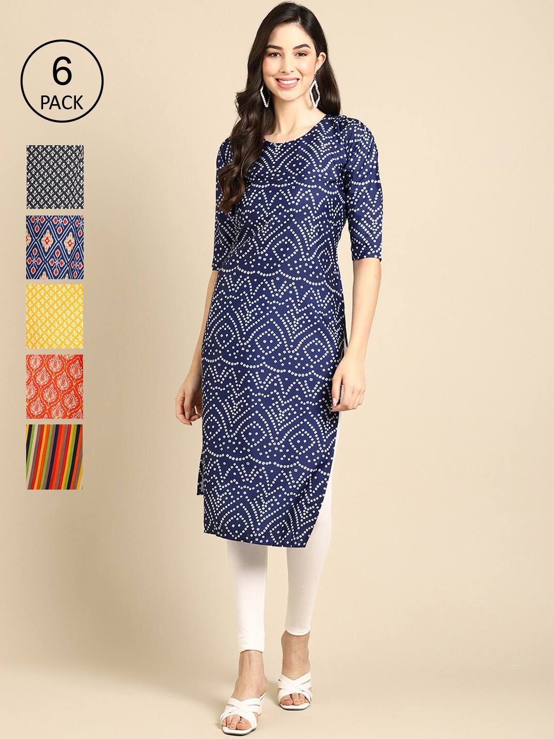 

7Threads Women Blue & Yellow Pack Of 6 Geometric Printed Block Print Crepe Kurta