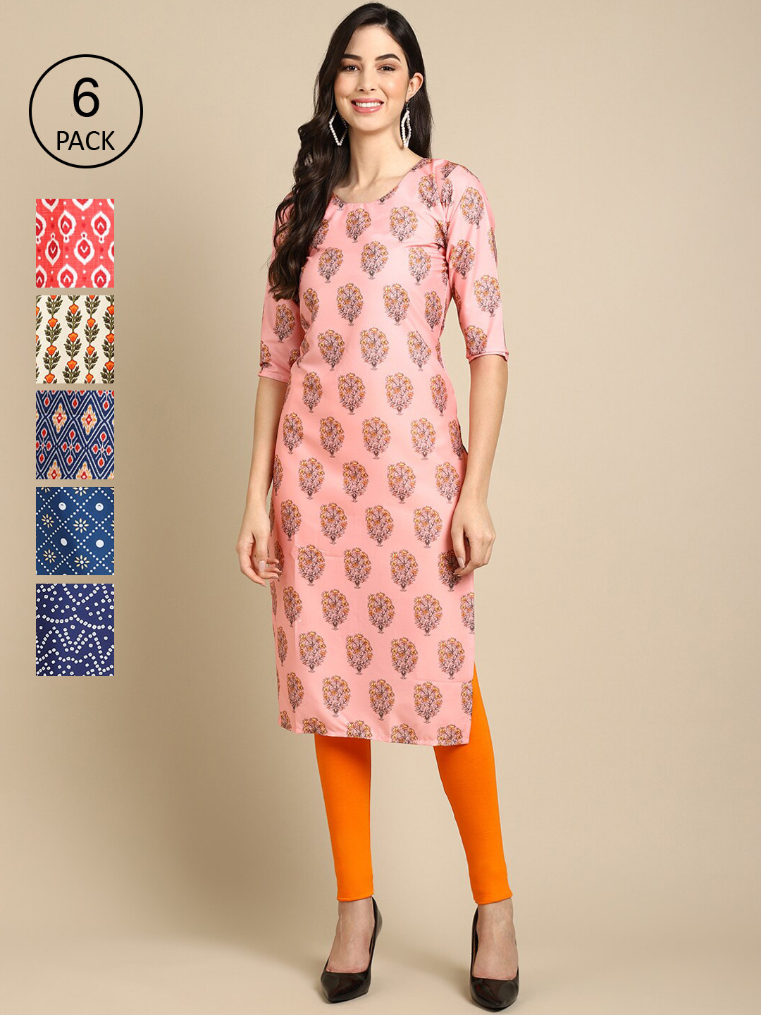 

7Threads Women Orange & Blue Pack Of 6 Geometric Printed Block Print Crepe Kurta