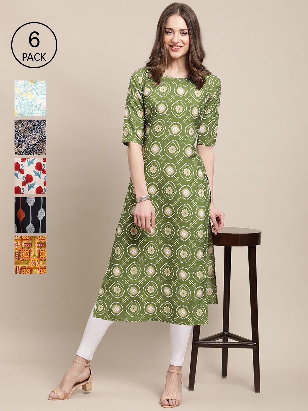 

7Threads Women Black & Green Pack Of 6 Geometric Printed Block Print Crepe Kurta