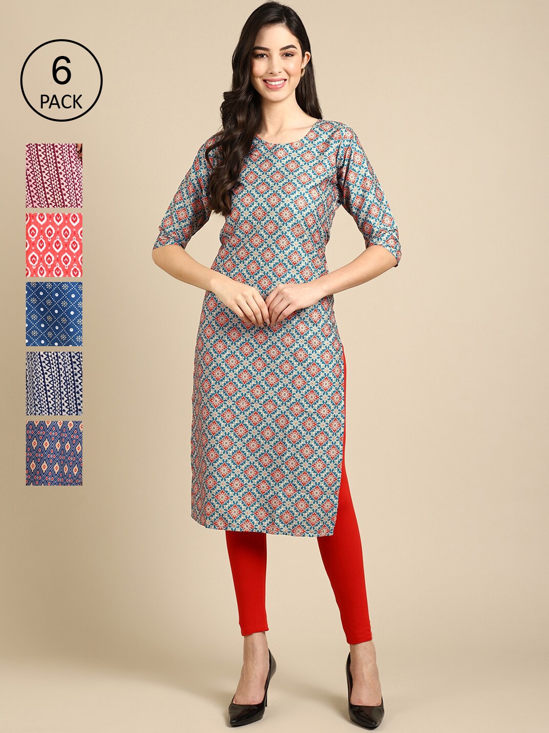 

7Threads Women Blue & Pink Pack Of 6 Geometric Printed Block Print Crepe Kurta