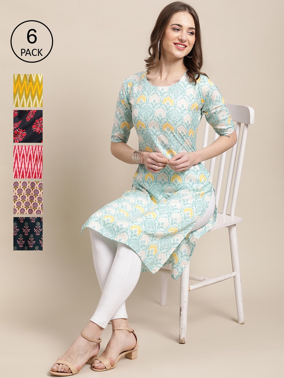 

7Threads Women Red & Blue Pack Of 6 Geometric Printed Block Print Crepe Kurta
