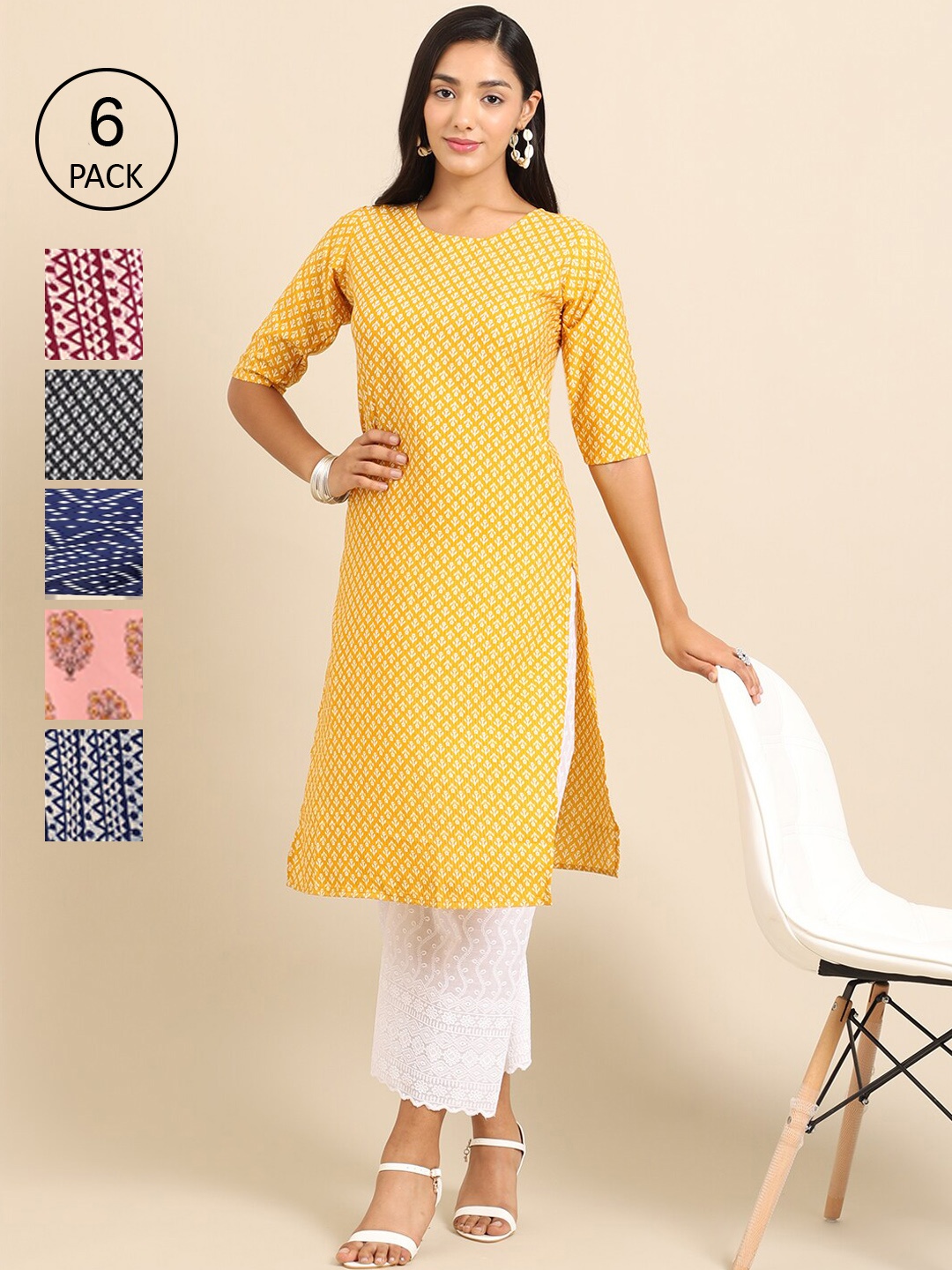 

7Threads Women Yellow & Navy Blue Pack of 6 Geometric Printed Crepe Kurtas