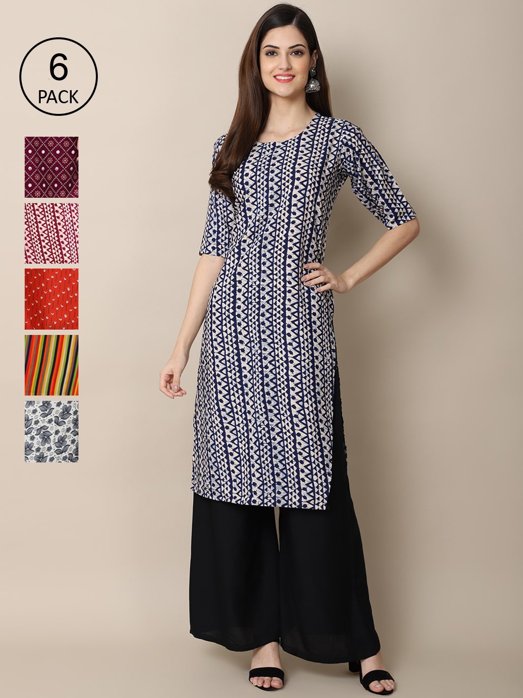 

7Threads Women Navy Blue & Purple Pack of 6 Geometric Printed Crepe Kurtas