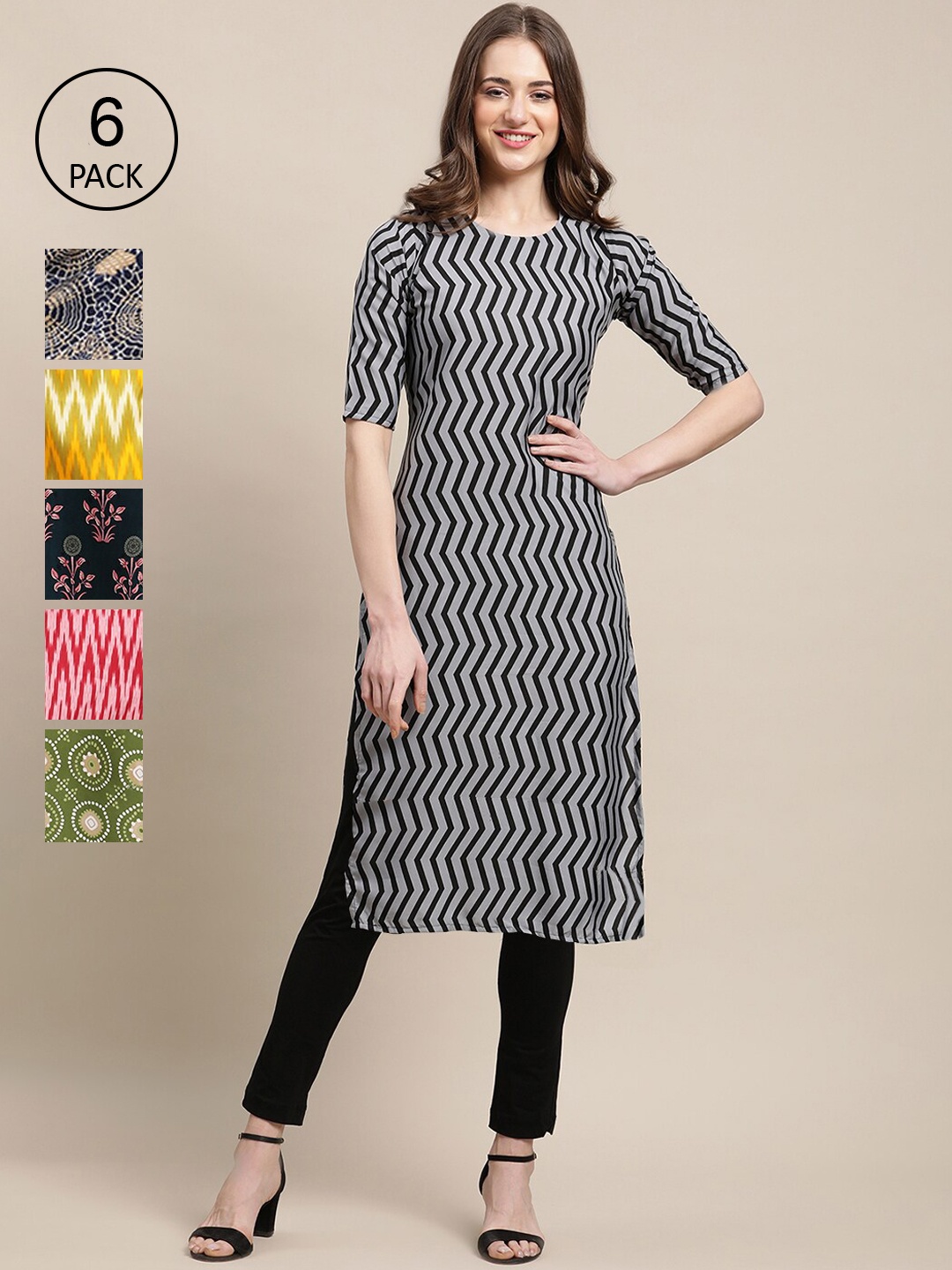 

7Threads Women Black & Yellow Pack of 6 Geometric Printed Crepe Kurtas