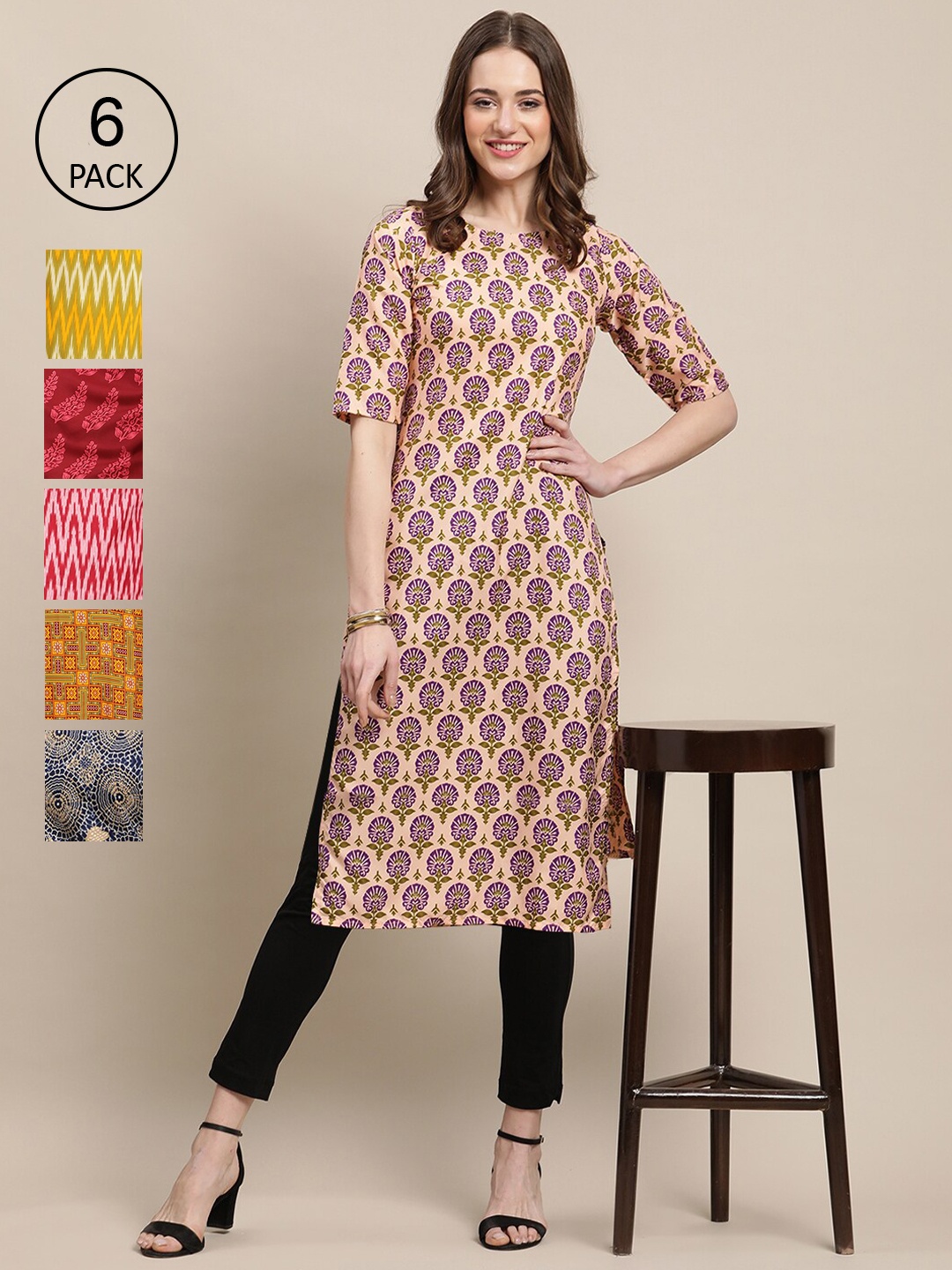 

7Threads Women Peach-Coloured & Red Pack of 6 Geometric Printed Crepe Kurtas