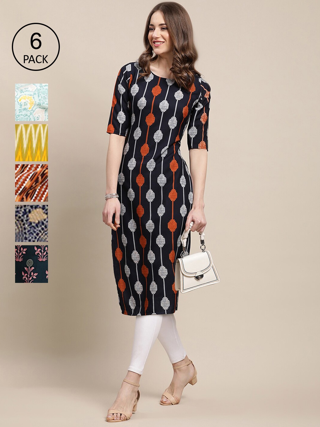 

7Threads Women Navy Blue & Yellow Pack of 6 Floral Printed Crepe Kurtas
