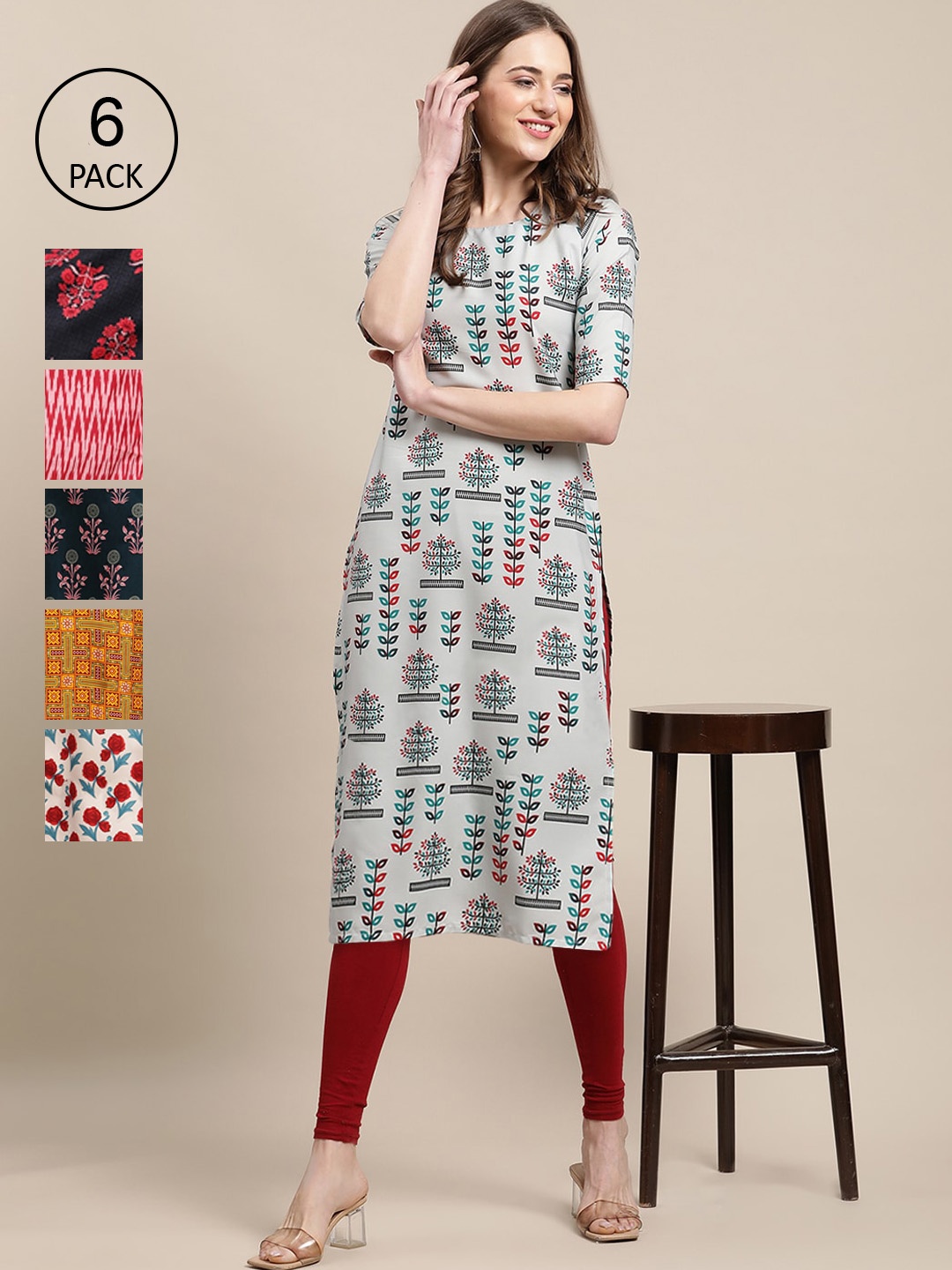 

7Threads Women Grey & Red Pack of 6 Geometric Printed Crepe Kurtas