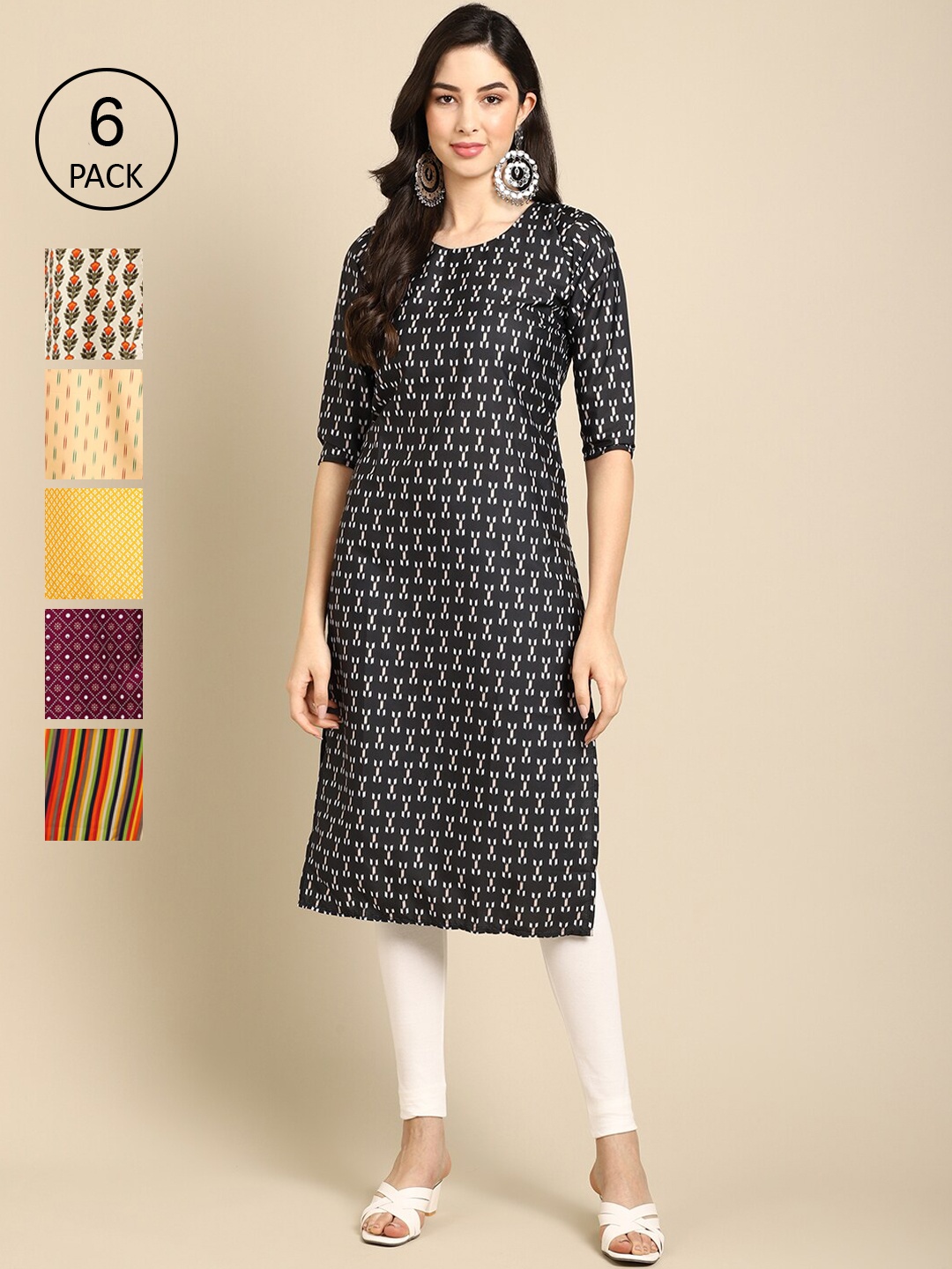 

7Threads Women Black & Yellow Pack of 6 Geometric Printed Crepe Kurtas
