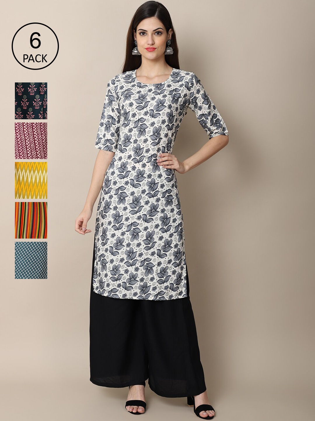 

7Threads Women Grey & Yellow Pack of 6 Geometric Printed Crepe Kurtas