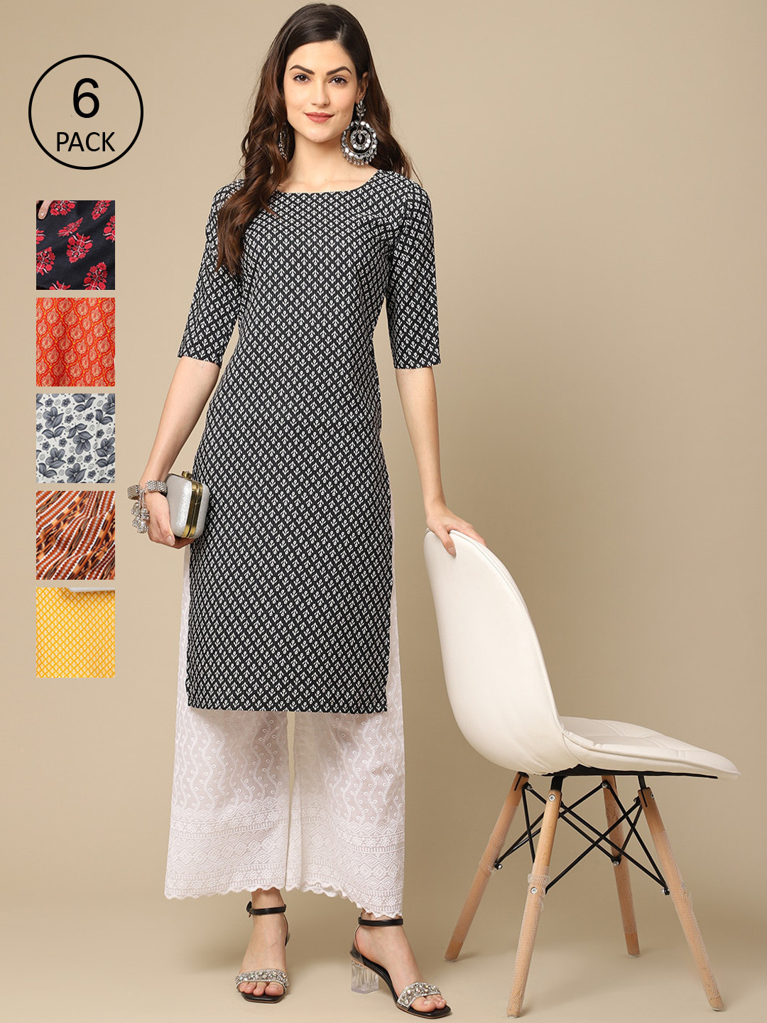 

7Threads Women Grey & Red Pack of 6 Geometric Printed Crepe Kurtas