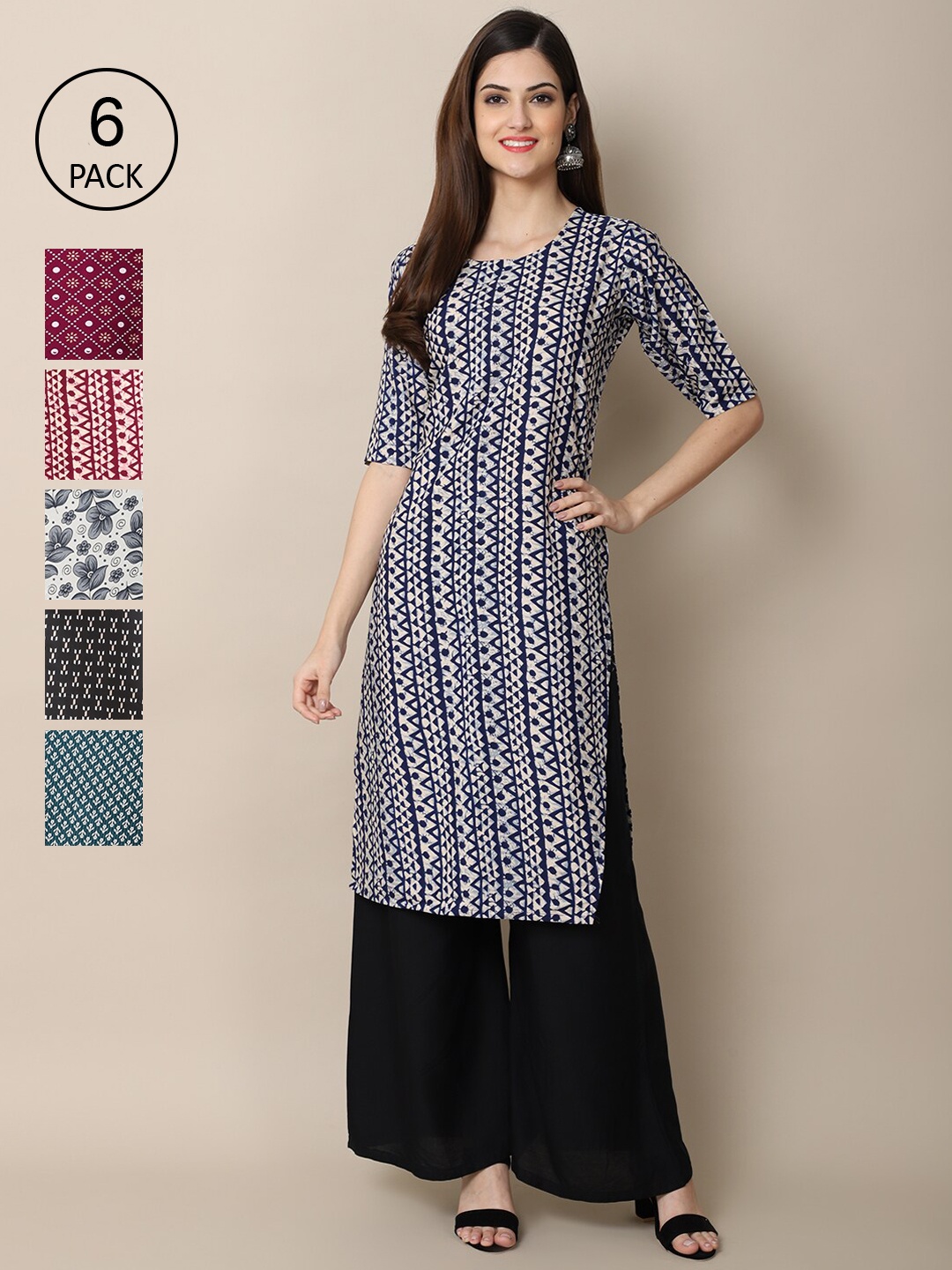 

7Threads Women Navy Blue & Purple Pick Of 6 Geometric Printed Crepe Kurtas