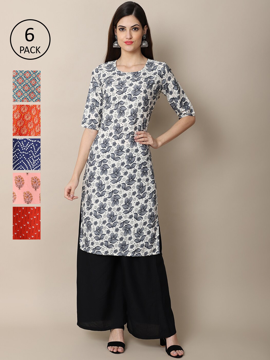 

7Threads Women Grey & Navy Blue Pack of 6 Floral Printed Crepe Kurtas