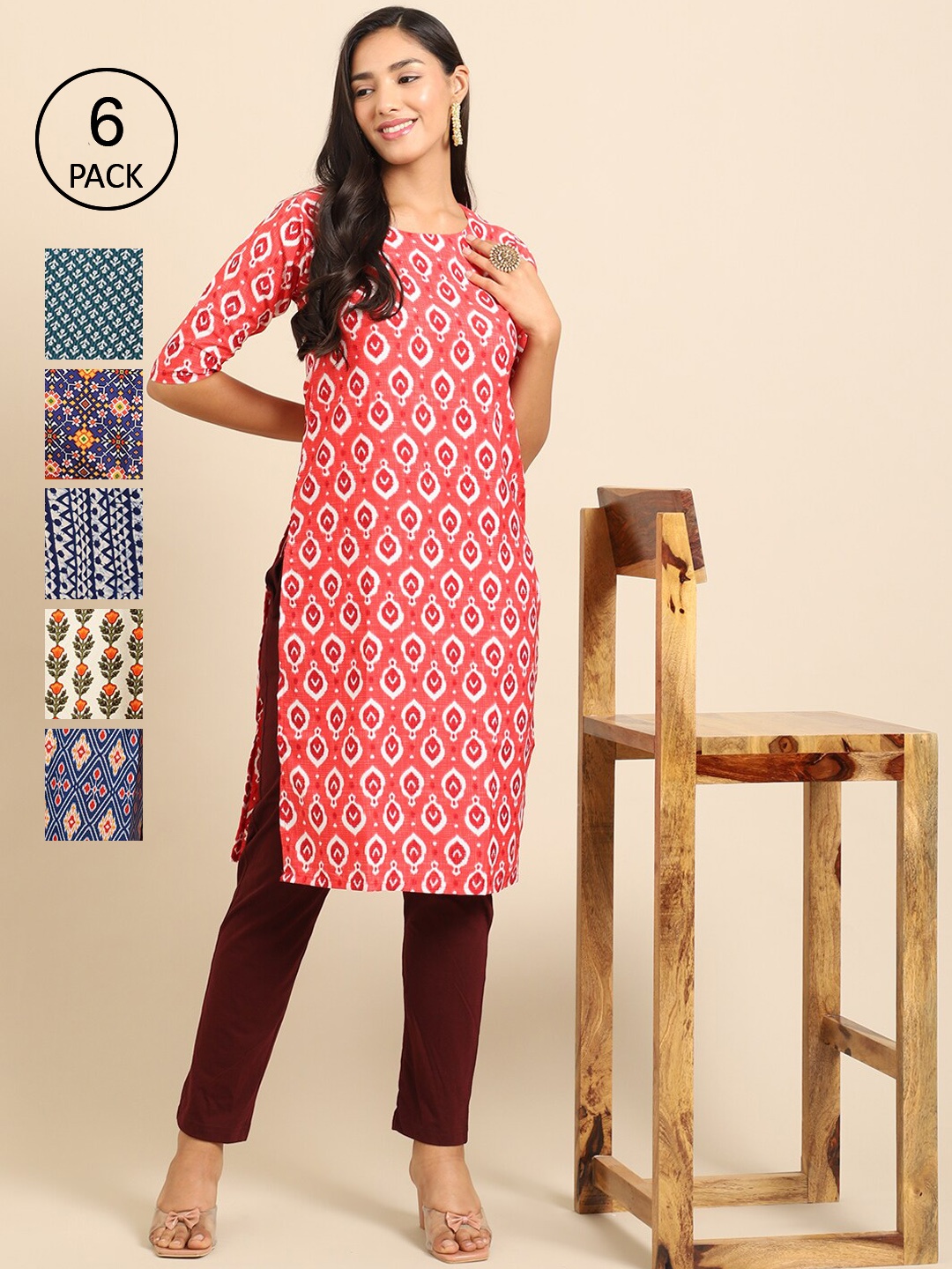 

7Threads Women Red & Navy Blue Pack of 6 Floral Printed Crepe Kurtas