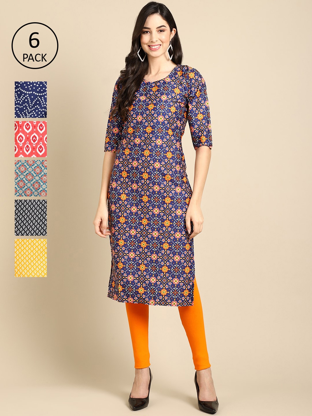 

7Threads Women Pack of 6 Floral Printed Crepe Kurtas, Navy blue