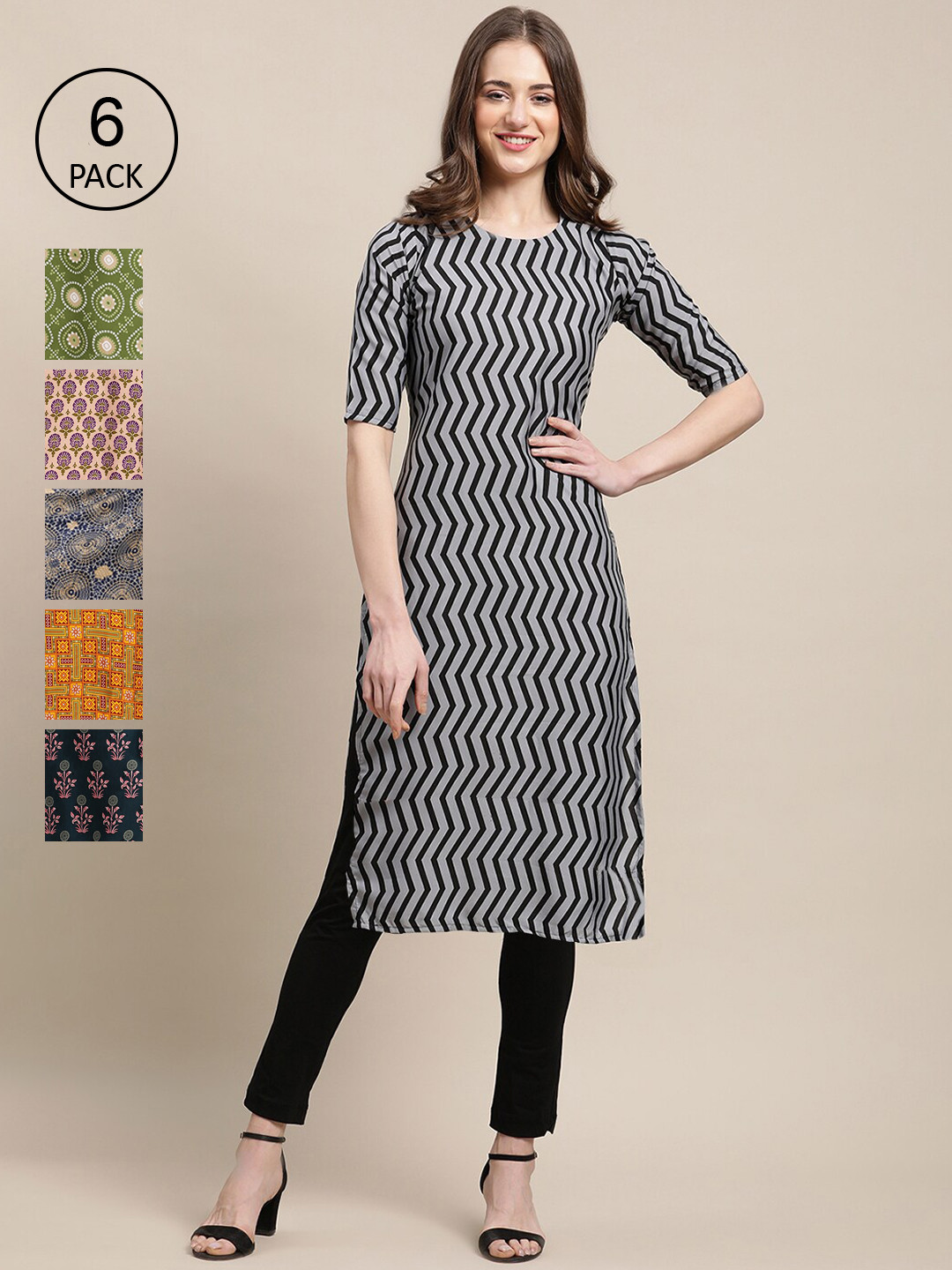

7Threads Women Pack Of 6 Multicoloured Geometric Printed Crepe Kurta, Multi