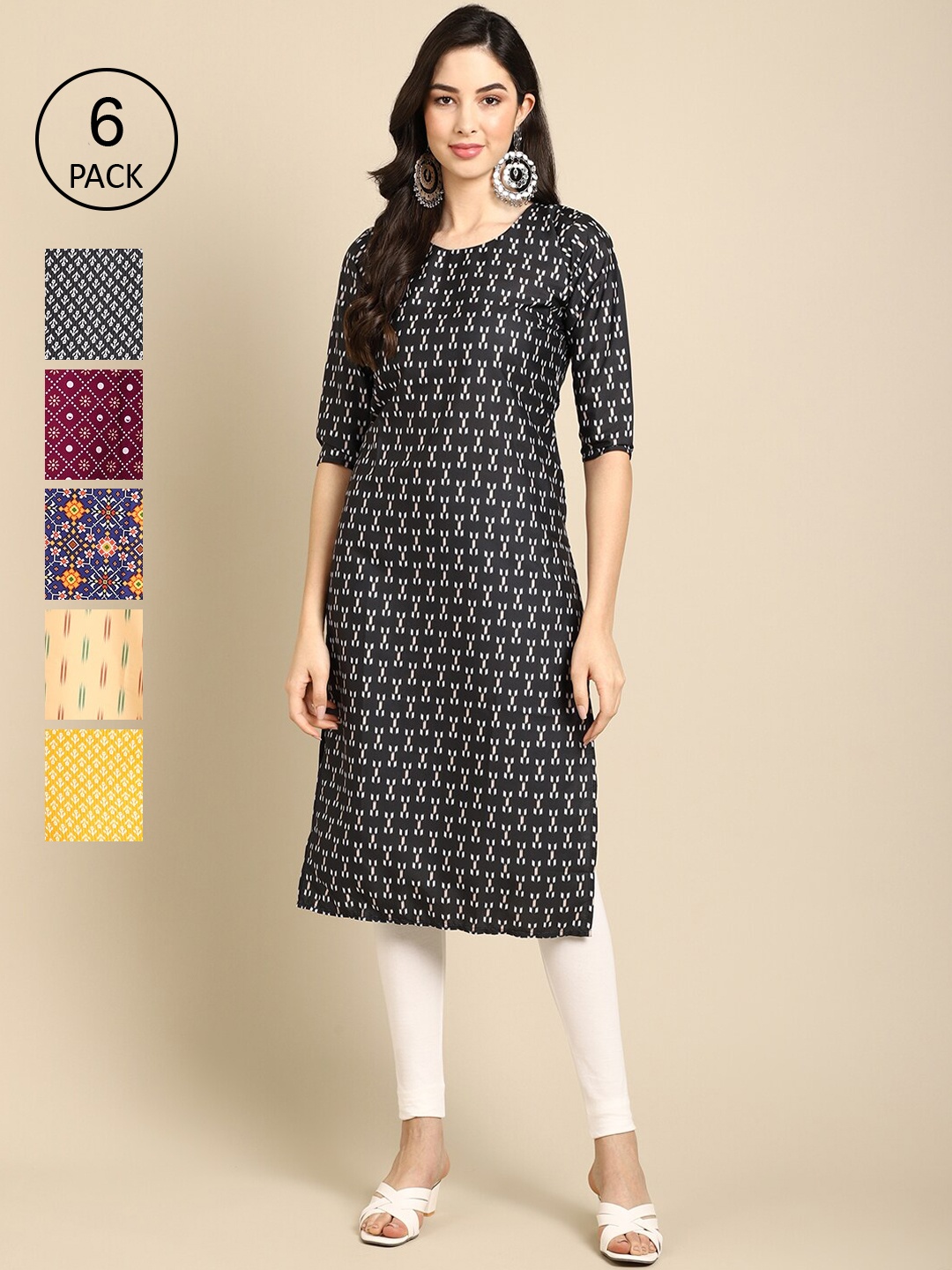 

7Threads Women Pack Of 6 Multicoloured Geometric Printed Crepe Kurta, Multi