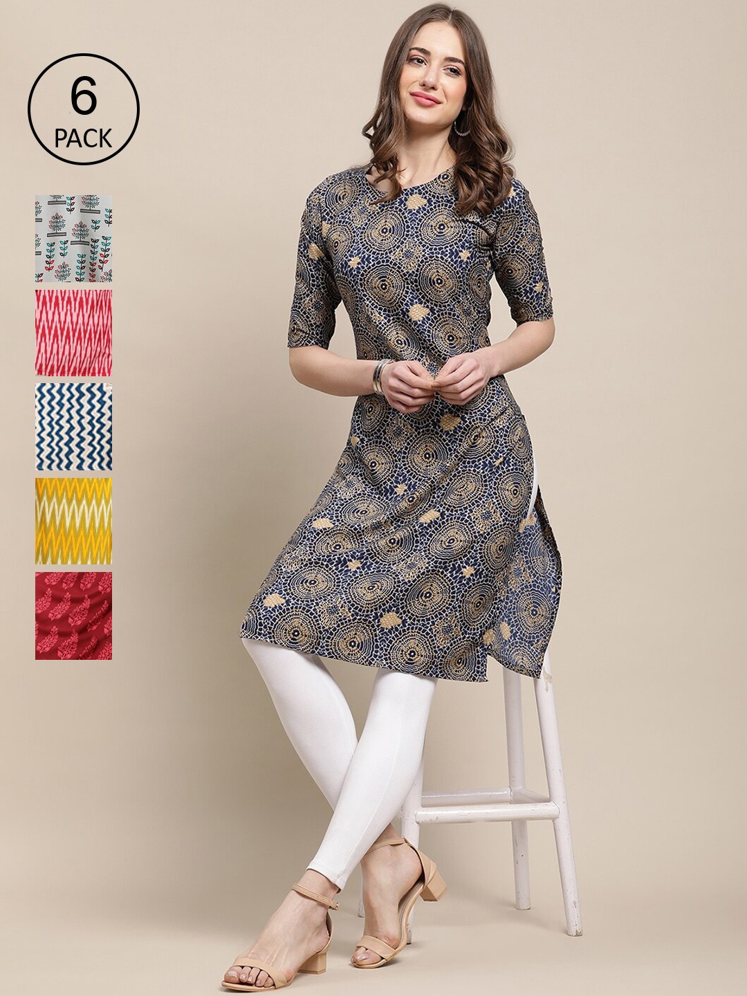 

7Threads Women Pack Of 6 Multicoloured Geometric Printed Crepe Kurta, Multi