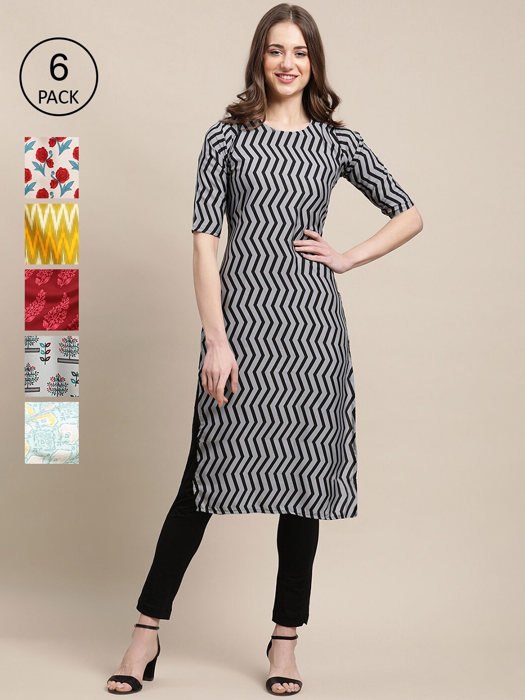

7Threads Women Pack Of 6 Multicoloured Geometric Printed Crepe Kurta, Multi