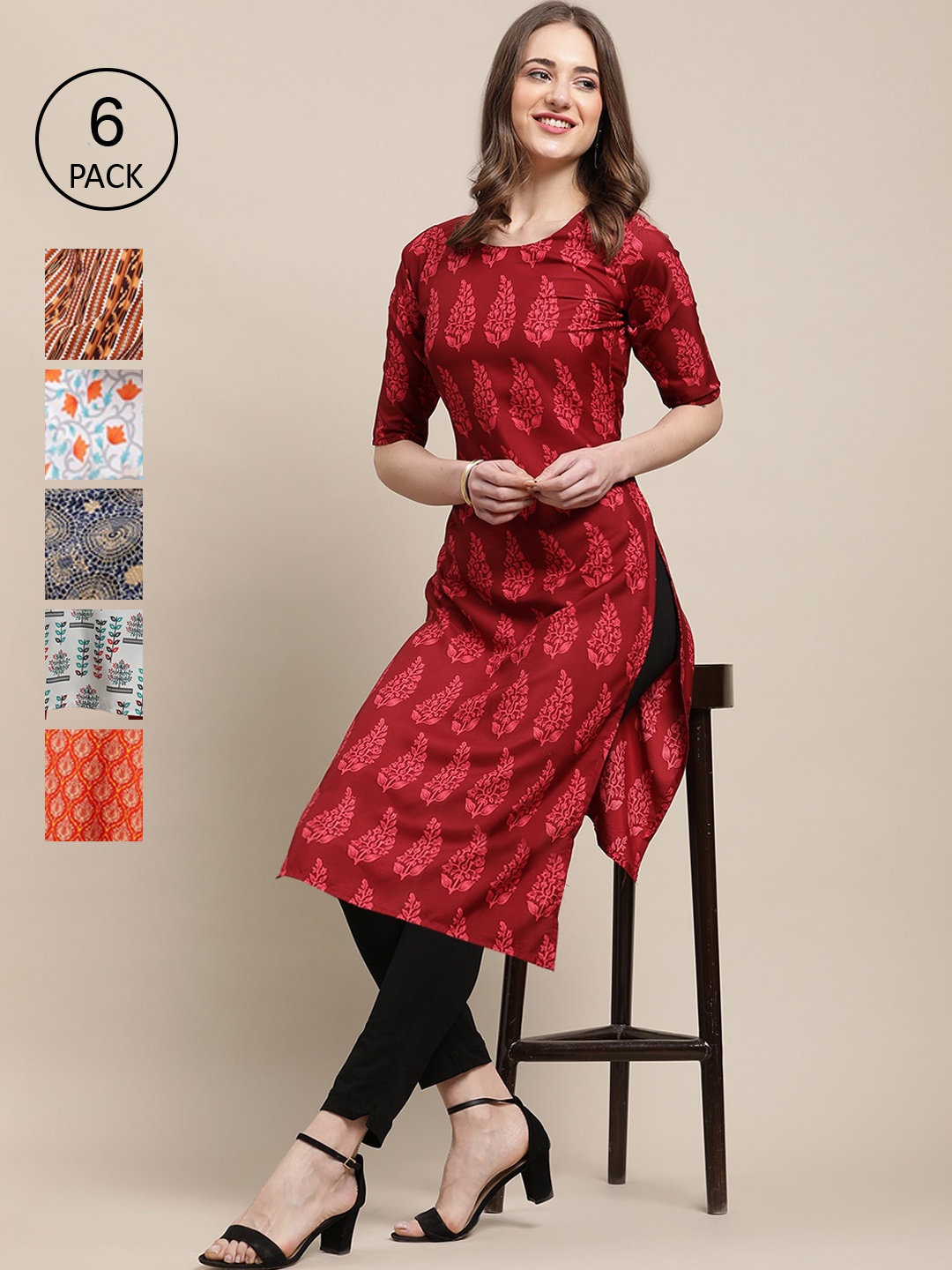 

7Threads Women Pack Of 6 Multicoloured Geometric Printed Crepe Kurta, Multi