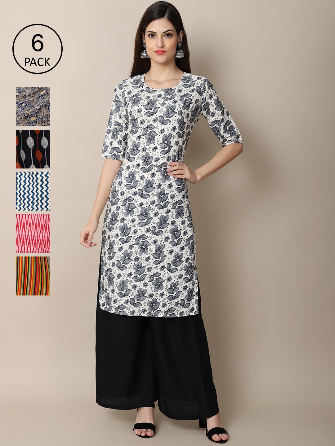 

7Threads Women Pack Of 6 Multicoloured Geometric Printed Crepe Kurta, Multi