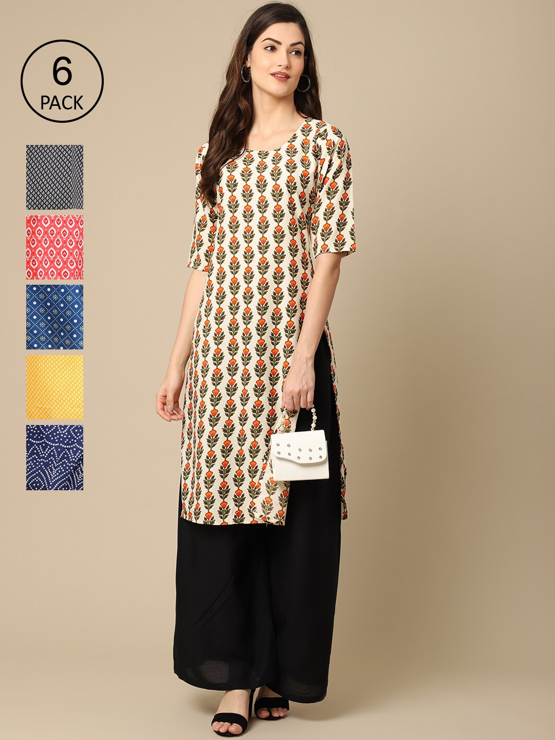 

7Threads Women Pack Of 6 Multicoloured Geometric Printed Crepe Kurta, Multi