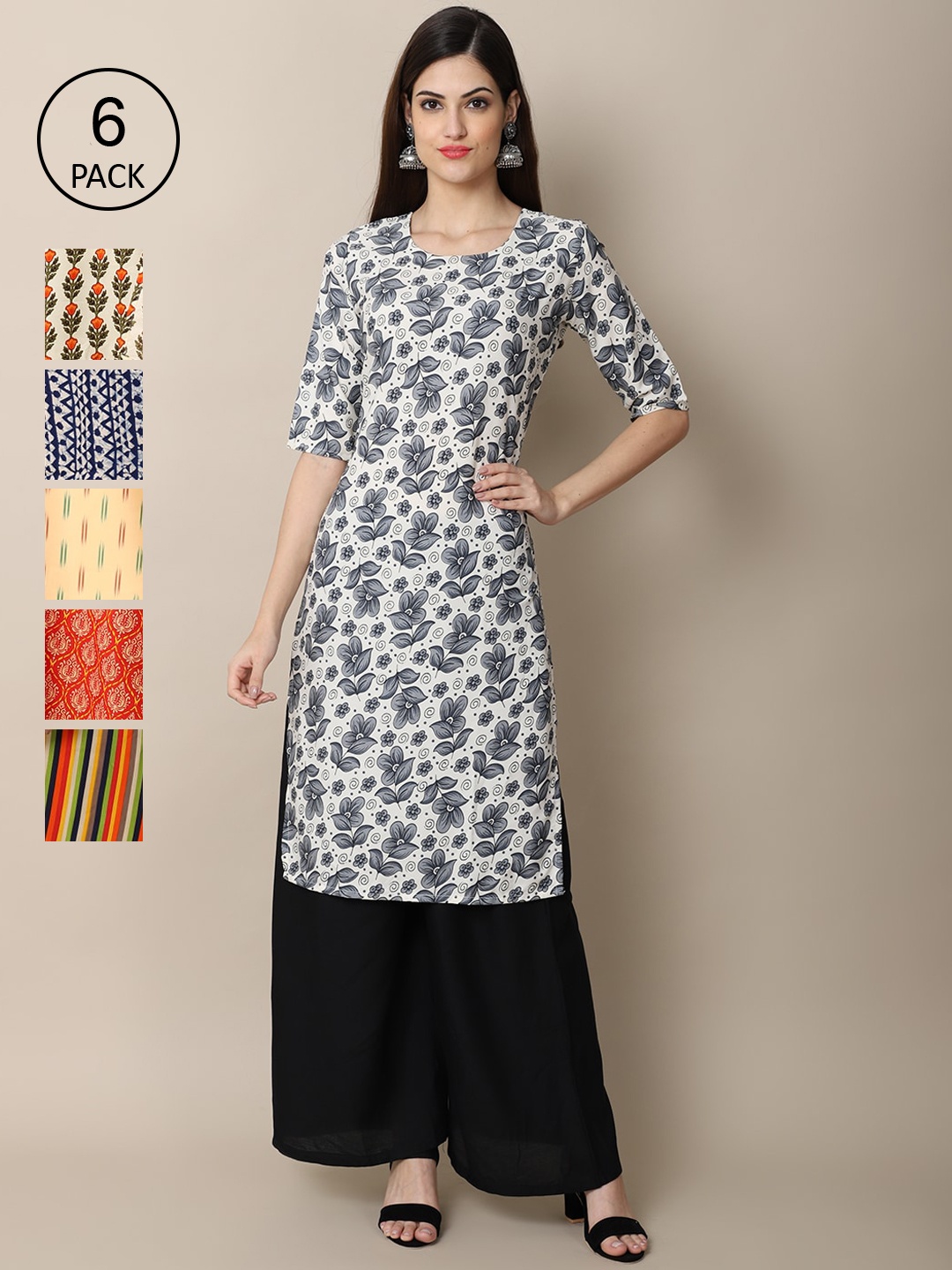 

7Threads Women Pack Of 6 Multicoloured Geometric Printed Crepe Kurta, Multi
