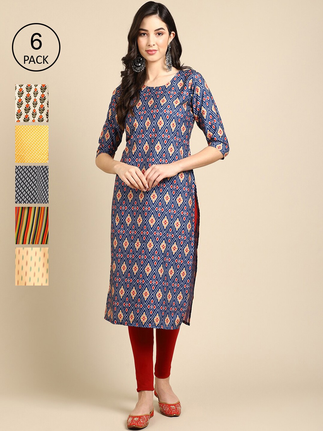 

7Threads Women Pack Of 6 Multicoloured Geometric Printed Crepe Kurta, Multi
