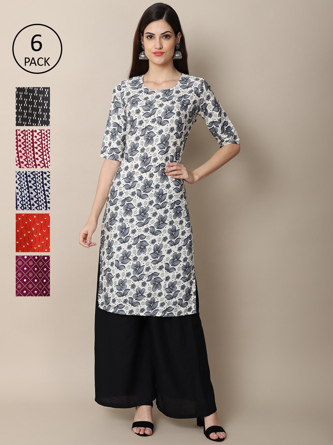 

7Threads Women Pack Of 6 Multicoloured Geometric Printed Crepe Kurta, Multi