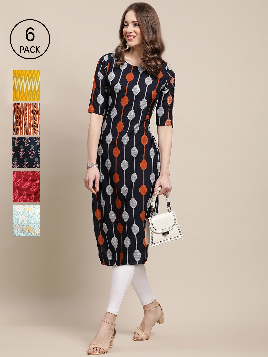 

7Threads Women Pack Of 6 Multicoloured Geometric Printed Crepe Kurta, Multi