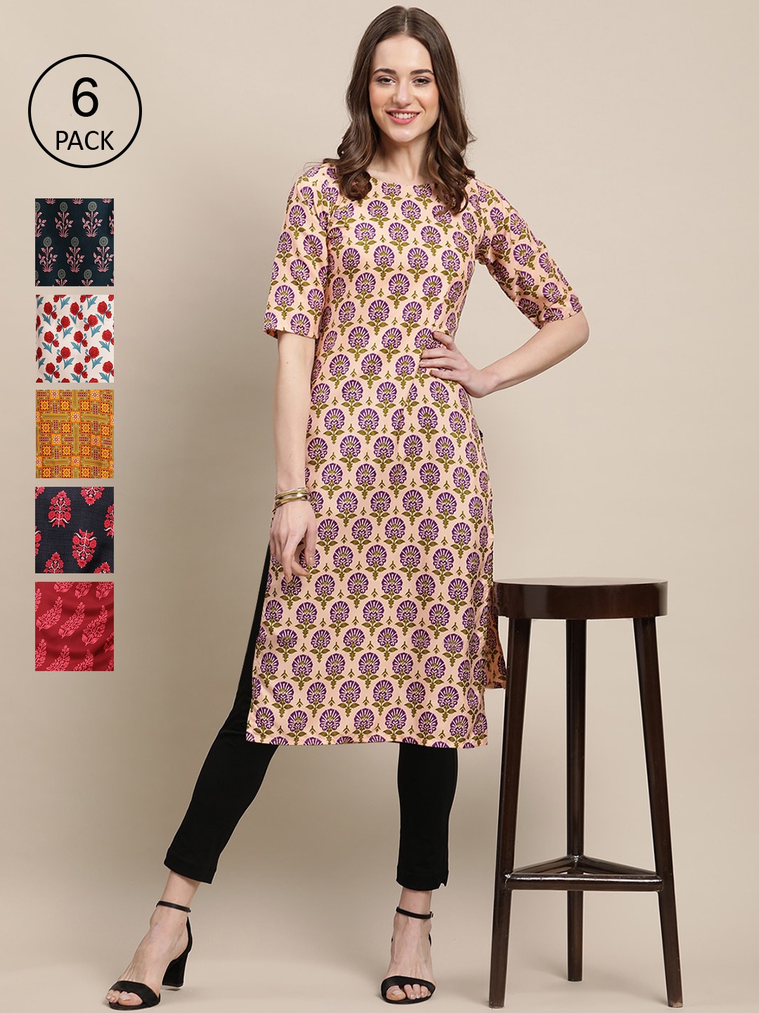 

7Threads Women Pack Of 6 Multicoloured Geometric Printed Crepe Kurta, Multi