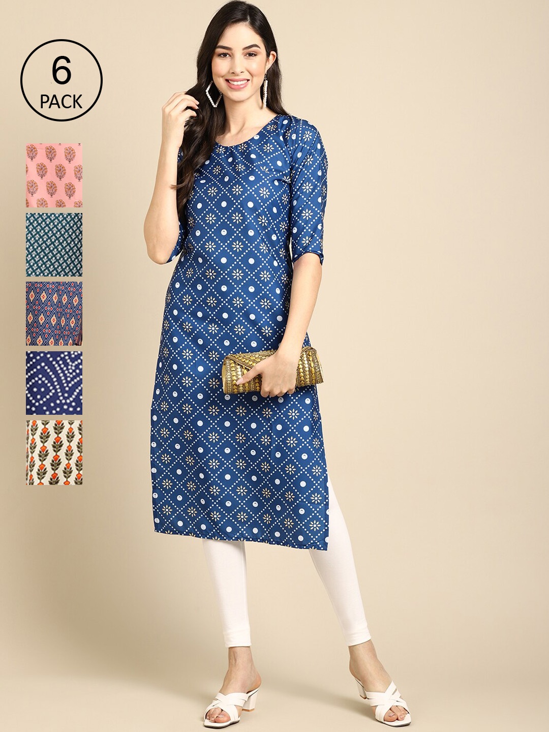 

7Threads Pack of 6 Women Peach & Blue Ethnic Motifs Printed Crepe Kurtas