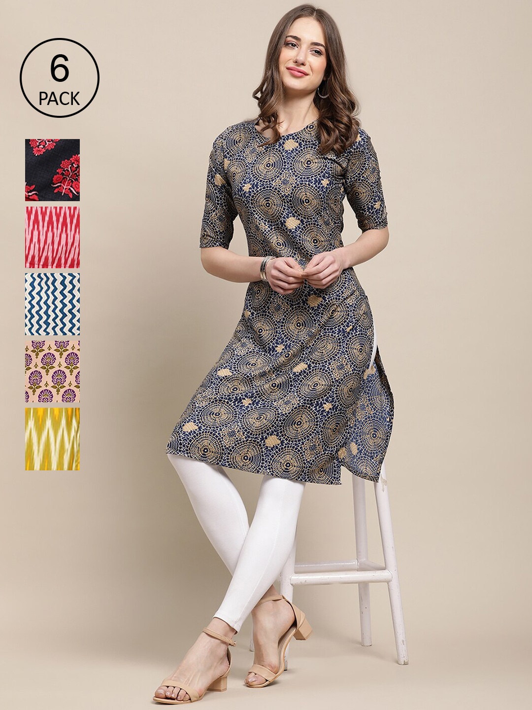 

7Threads Pack of 6 Women Multicoloured & Yellow Floral Printed Crepe Kurta, Multi