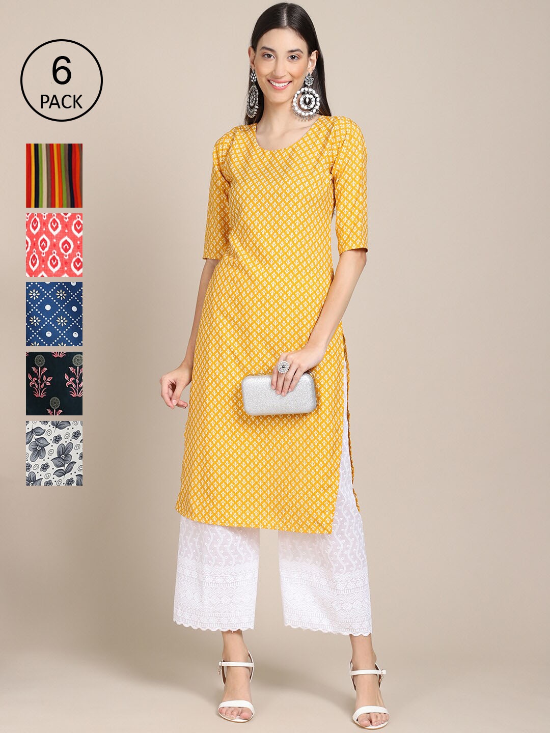 

7Threads Pack of 6 Women Blue & Yellow Floral Printed Crepe Kurtas
