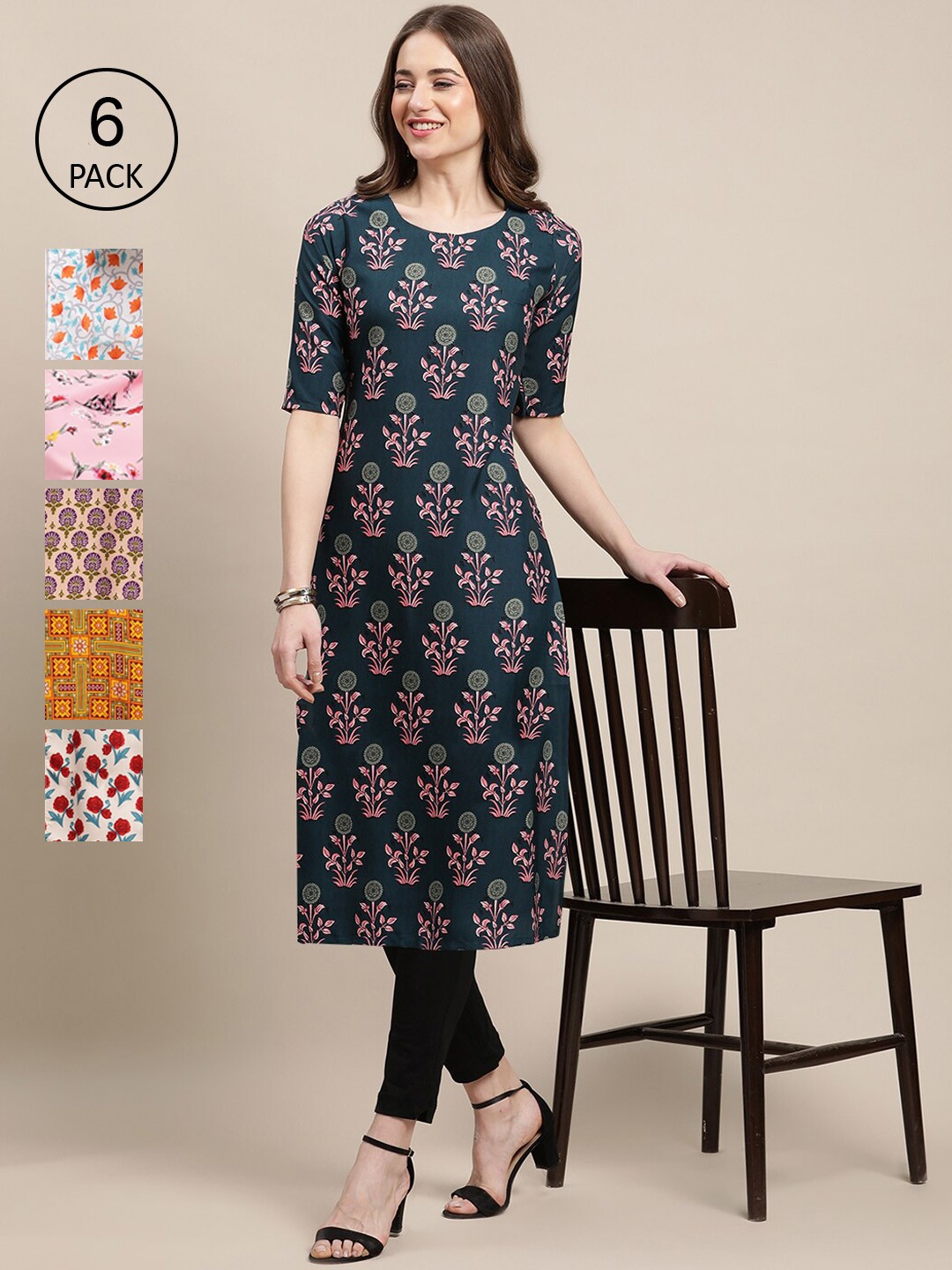 

7Threads Pack of 6 Women Multicoloured & Green Floral Printed Crepe Kurta, Multi