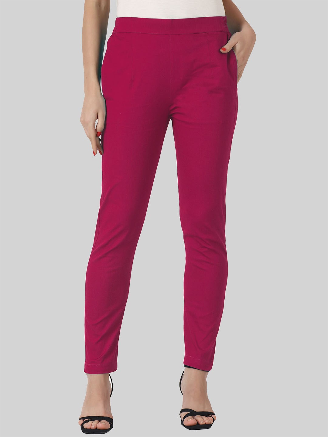 

SAUNDARYA Women Magenta Pencil Tapered Fit Easy Wash Trousers