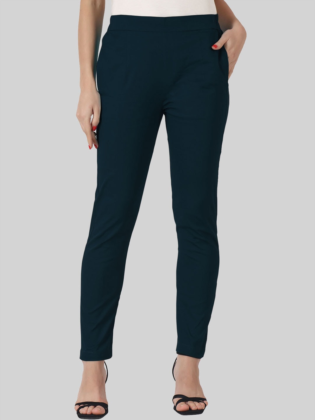 

SAUNDARYA Women Navy Blue Pencil Tapered Fit Easy Wash Trousers